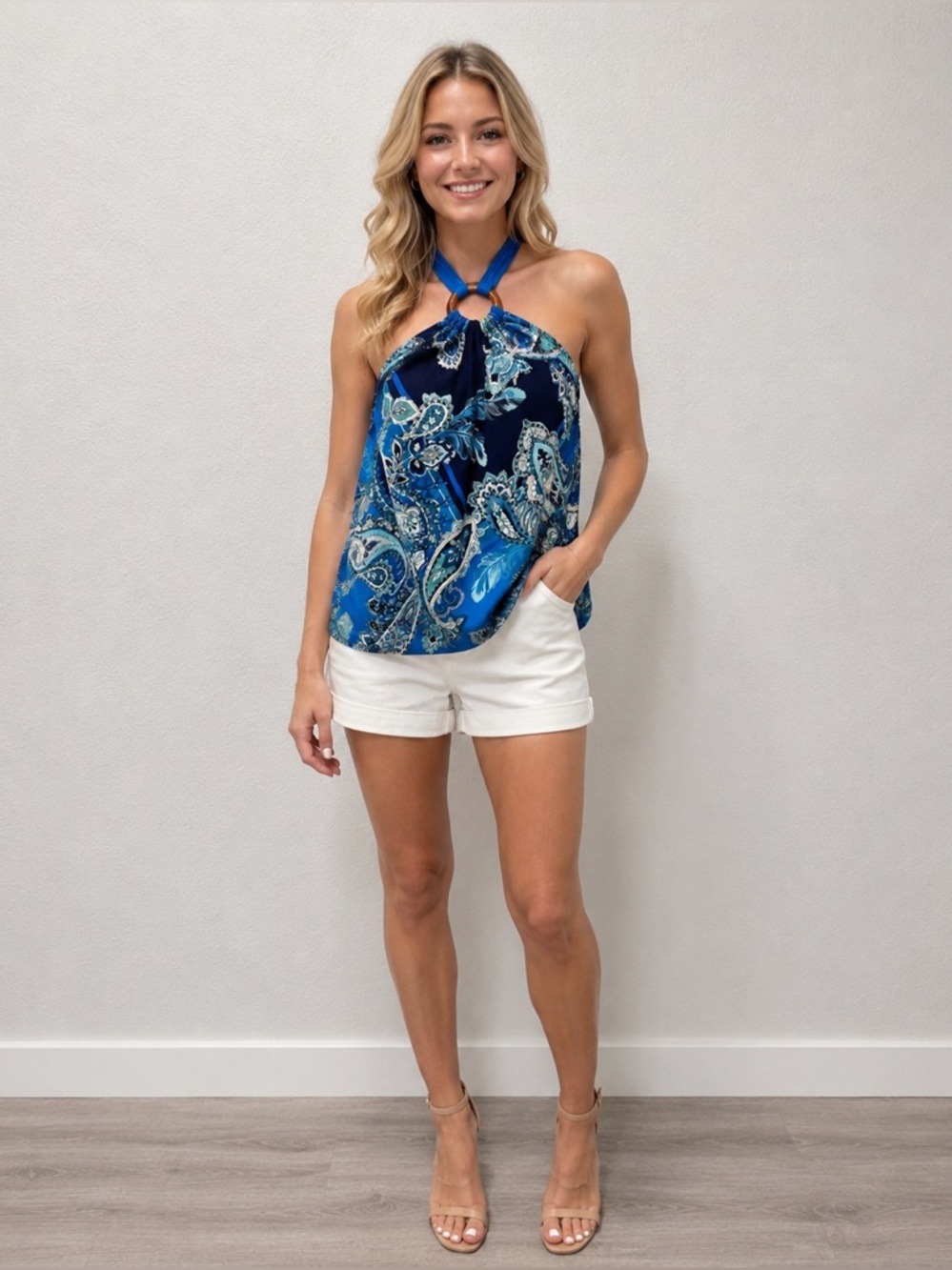 Boston Proper Blue Paisley Halter Tank Top with Silver Ring